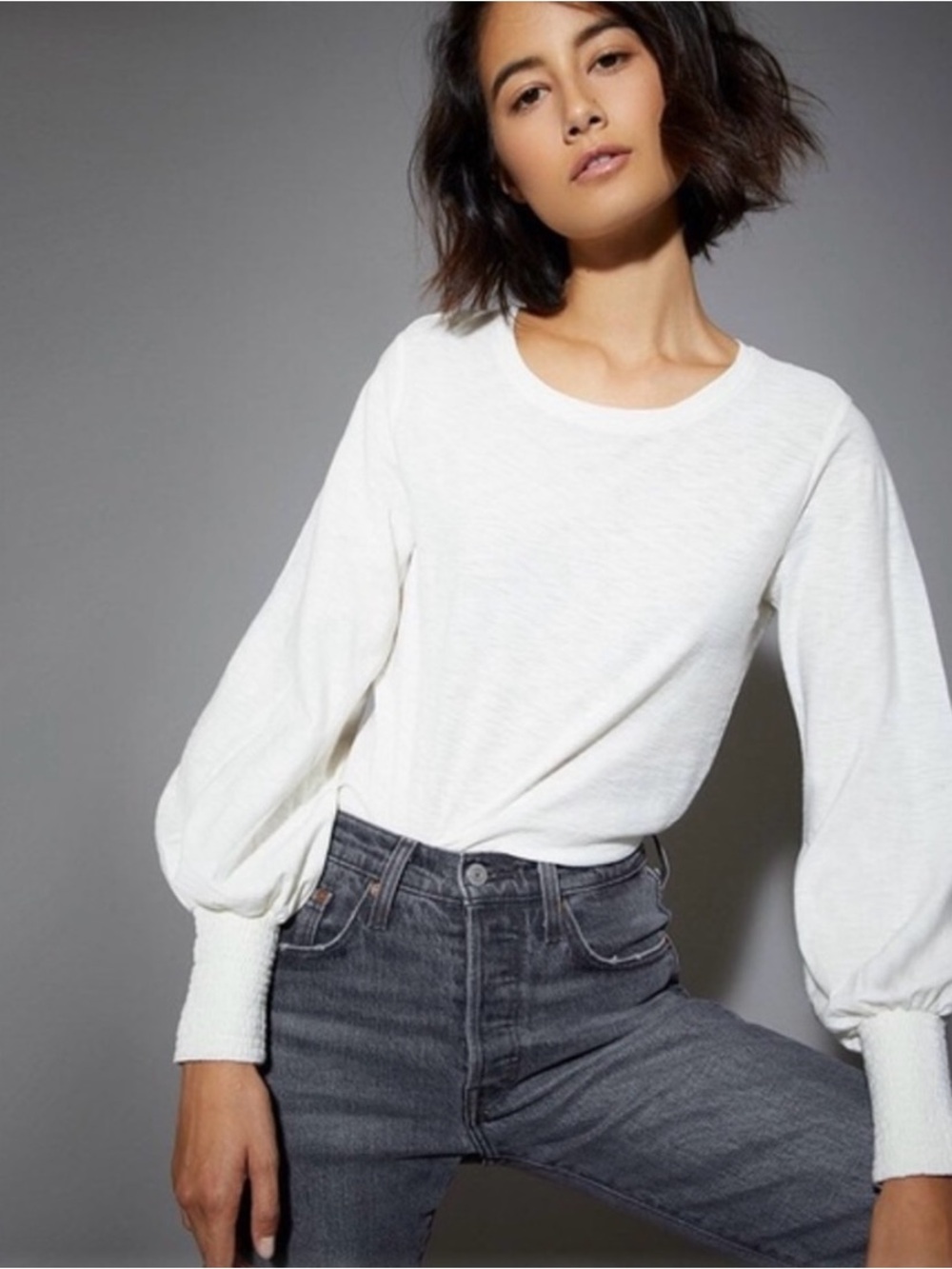 Nation LTD Loren Long Sleeve Smocked Pima Cotton Tee in White Size S